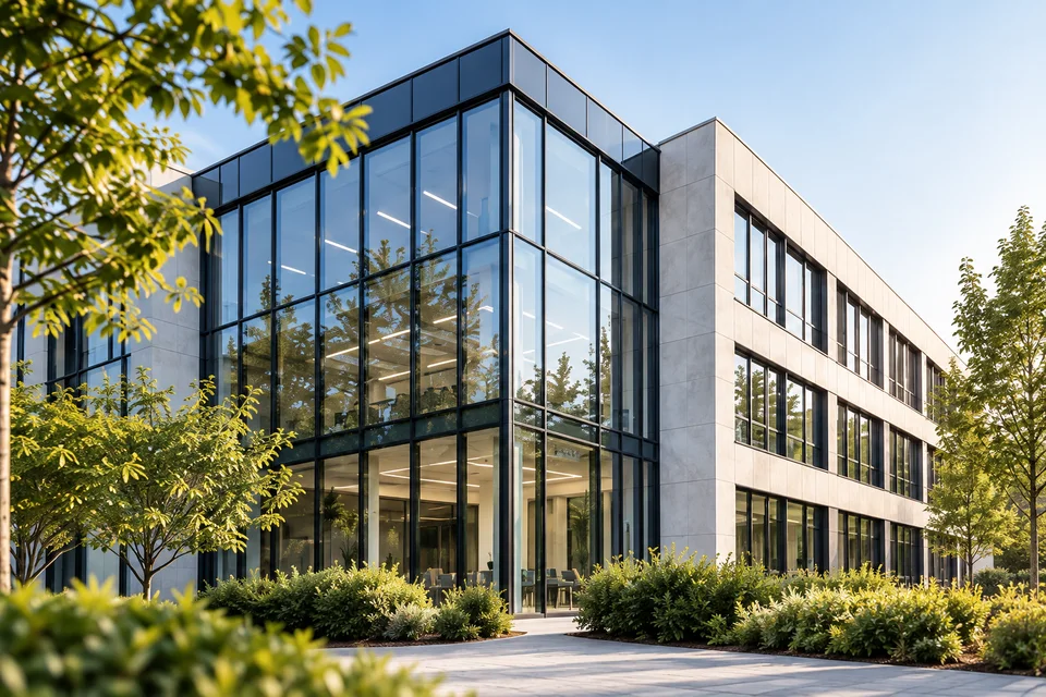 KI-Symbolbild: modernes Bürogebäude mit Glasfassade und begrüßtem Außenbereich